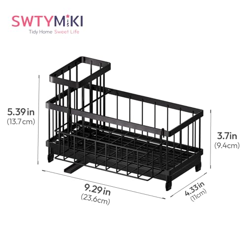 SWTYMIKI Sink Caddy Sponge Holder - Large Sponge Holder for Kitchen Sink with 360°Auto-Drain Tray, Rustproof Stainless Steel Kitchen Organizer Caddy for Countertop Organization - color: Black-basket