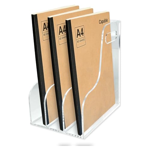 3-Tier Clear Acrylic File Holder, Vertical Document Organizer for Magazines, Binders, Notebooks & Envelopes - Multi-Purpose Desk Storage for Home Office（A4,3 Sections） - size: A4, 3 Sections