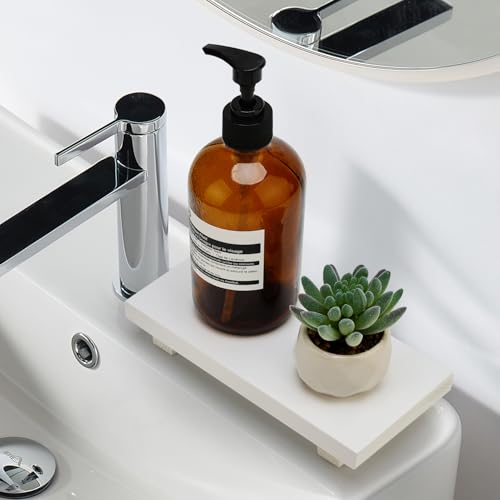 White Wooden Bathroom Counter Tray Organizer Small Wood Risers Pedestal Stand Kitchen Soap Dish Dispenser Holder for Bathroom Counter Decor Farmhouse Bathroom Sink Accessories Modern Vanity Tray - color: White, size: 8.6" x 4" x 1.6"