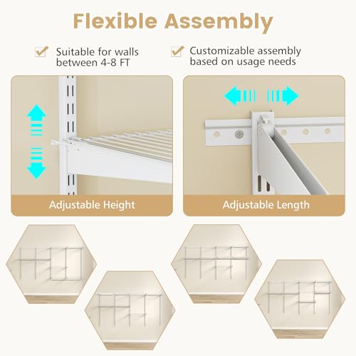 Giantex Closet Organizer System, 4-8 FT Wall-Mounted Closet Shelves and Rod, Adjustable Closet Organization w/ Hanging Rod, DIY Expandable Modular Metal Wire Shelving for Laundry Bedroom (White) - color: White, size: 96"x14"x47.5"