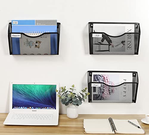 EasyPAG 3 Pack Wall File Organizer with Label Panel, Metal Mesh Hanging File Folder Holder for Letter/A4 Size Folders, Vertical Wall Mount Mail Sorter for Office Paperwork, Classroom, Black - color: Black With Panel