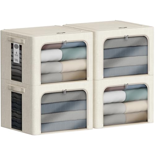 4 Pack Clothes Storage Bins with Metal Frame - 100L Stackable Storage Box with Lid，Foldable Storage Container Organizer for Clothes，Linen Fabric Storage Box with Clear Window＆Zippers＆Handles - color: Beige, size: 100L