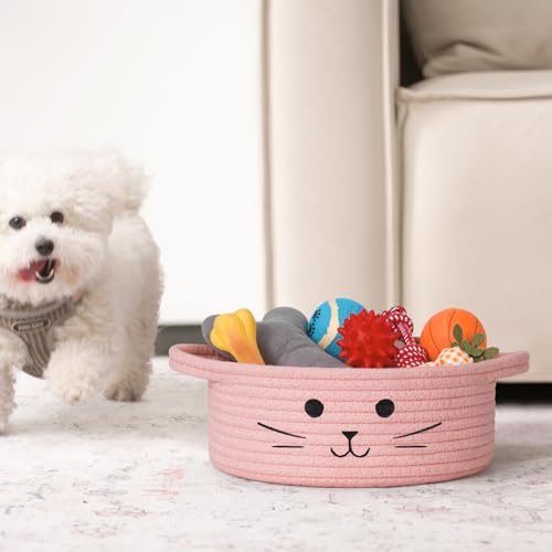 Small Rope Basket, Pink Cute Cat Toy Basket for Living Room, Gift Baskets Empty for Living Room, Decorative woven Baskets for Nursery, Baby Organizing & Towel Storage, 9.8 x 4 inches - color: Pink, size: 9.8"W x 4"H