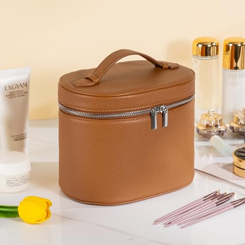 Makeup Bag Vanity Case Cosmetic Bag with Removable Divider Travel Toiletry Bag for Women Portable Make up Box Organizer, Brown - color: Brown