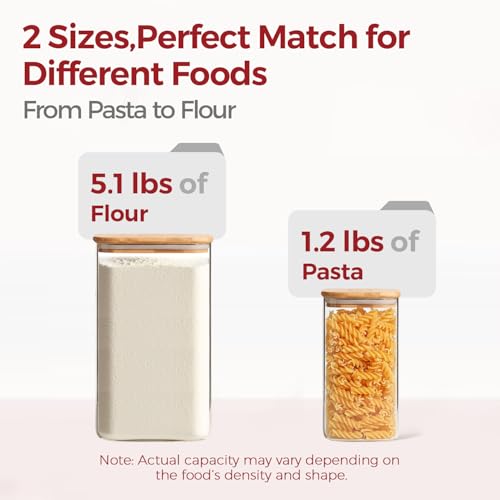 Glass Flour Sugar Storage Containers with Bamboo Lids & Measuring Scoop (1.6Qt/4.6Qt) - Wide Mouth Pantry Storage Containers for Kitchen Counter, Pantry Organization & Baking Essentials 2 pack - size: 2 pack（1.6/4.6 qt）