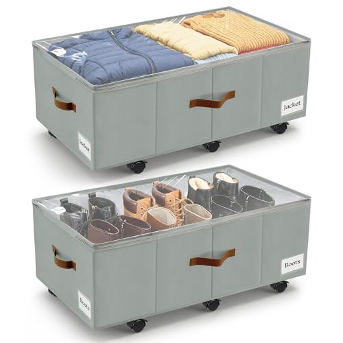 Under Bed Storage with Wheels,Underbed Storage with Sturdy Sidewalls/Bottom, Clear Cover, Label and PU Handle, Rolling Under Bed Drawers for Clothes, Shoes, 11 Inch Height,Grey, 2 Pack - color: Grey 2 Pack, size: 11 inch