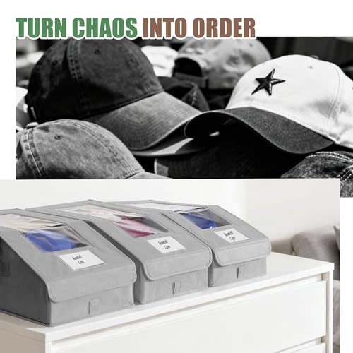 Hat Organizer for Baseball Caps, 2 Pack Stackable Hat Storage Boxes with Clear Window, Holds up to 28 Caps, Foldable Hat Organizer for Closet & Shelf, Grey