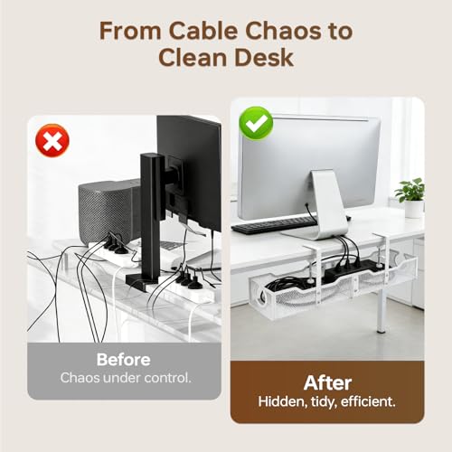 Upgraded 25.2'' Under Desk Cable Management Tray, No Drill Clamp-On Design Wire Organizer, Cable Organization Box for No Damage to Desk, Metal Cord Organizer for Home Office, White - color: White