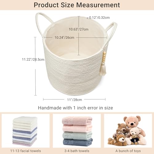 Mkono Woven Storage Basket with Handles Decorative Cotton Rope Basket Wooden Bead Decoration for Blankets,Toys,Clothes,Living Room Home Decor, 11", White - color: White, size: 11"W x 11"L