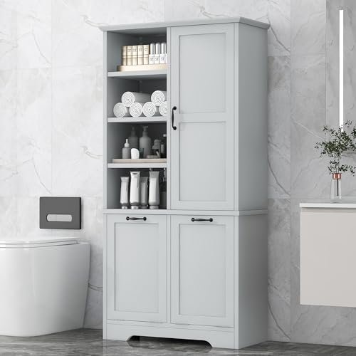 Virubi Tall Laundry Cabinet with 2 Tilt Out Laundry Hampers, Wood Bathroom Storage Cabinet with Doors and Adjustable Shelves, for Bathroom Sotrage Organization, Freestanding, Grey - color: Grey, size: 31"x14"x68"