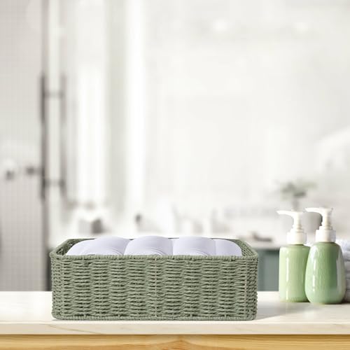 Drawer basket Handwoven Paper Rope Rectangular Shallow Basket Storage-15.35X12.01X4.72 Inches (Green) - color: Green