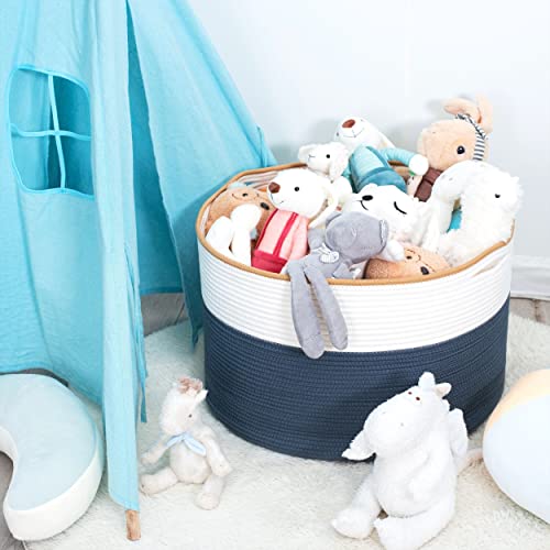 MINTWOOD Design Extra Large 22 x 14 Inches Decorative Woven Cotton Rope Blanket Storage Basket Bin Living Room and Laundry Hamper for Pillows, Pool Towels, Dog Toys, Shoes, Prussian Blue - color: Prussian Blue