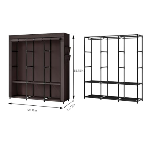 SORCEDAS Portable Closet Wardrobe Storage Organizer Metal Hanging Rack Non-Woven Fabric 50 Inch (Coffee) - color: Coffee, size: 50 Inch