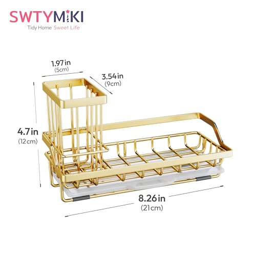 SWTYMIKI Sink Caddy Kitchen Sink Organizer with Detachable Brush Holder, Stainless Steel Sponge Holder with Removable Drip Tray Sponge Caddy for Kitchen Countertop, Gold - color: Gold, size: Medium