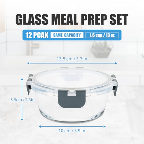GULFLIN 12 Pack Small Glass Food Storage Containers with Lids Airtight, 13oz Leak-Proof Meal Prep Containers Set, Freezer to Microwave Safe, Dishwasher Safe - color: 13oz,Same Size - 12 Pack,Grey Set