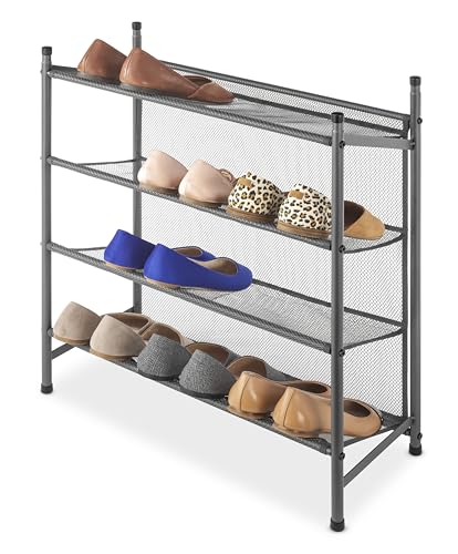 Whitmor Metal & Mesh 4-Tier Shoe Rack, Store up to 12 Pairs of Shoes, Stackable, 9" L x 21.6" W x 27" H, Gunmetal - size: 4-Tier,Gunmetal