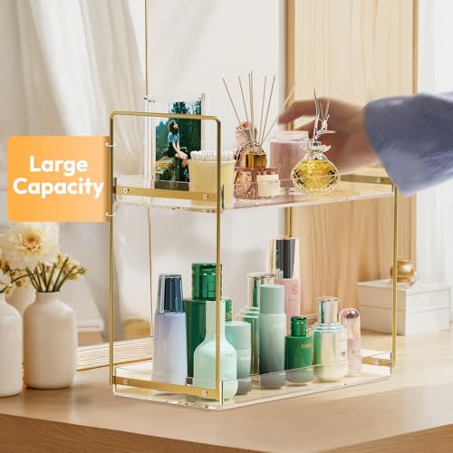 Bathroom Countertop Organizer, 2 Tier Acrylic Tray Vanity Counter Skincare Organizer Shelf, Kitchen Under Sink Standing Rack, Home Storage Holder for Lotion Makeup Cosmetics Perfume Spice, Gold - color: Gold, size: 2 Tier