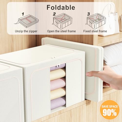 Clothes Storage Bins with Metal Frame, Foldable Clothes Organizers Storage Containers for Clothes, Sheets, Blankets, Pillows and Towels (100L, 3 Pack) Beige - color: Beige, size: 100L(23.6''X16.5"X15.7")