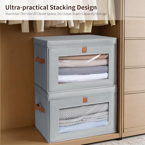 Homsorout Large Closet Storage Organizer - Clothes Storage Bins with Handles & Window, Collapsible Decorative Boxes with Lids, Fabric Containers for Living Room, Dorm, 2 Pack, Grey - color: Grey, size: Large - 2 Pack
