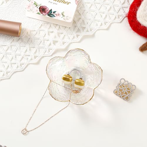 White Flower Jewelry Dish Glass Ring Dish Jewelry Tray Cute Vanity Organizer Room Decor Aesthetic Nightstand Bathroom Decor Trinket Dish Ring Holder Jewellery Tray Valentine's Birthday Gifts for Women - color: White