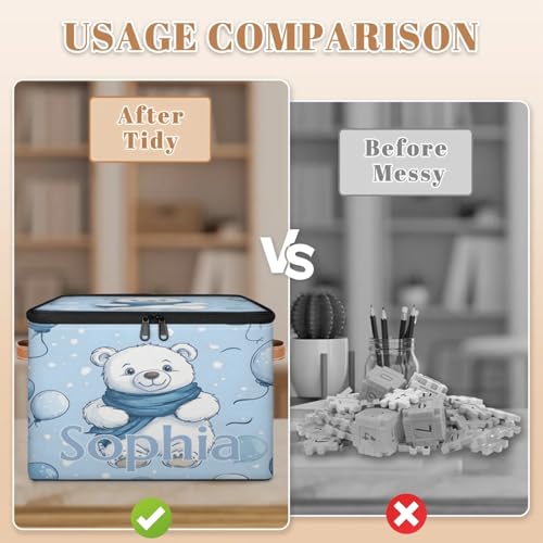 Custom Storage Basket with Name, Personalized Storage Bins with Zipper Lid, Foldable Fabric Storage Box Large capacity with Handle Balloon Bear - color: Option 17