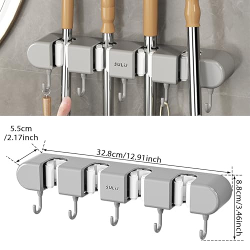 2Pcs Broom Holder Wall Mount, No-Drilling Self-Adhesive Mop and Broom Storage Rack with Hooks (4 Racks with 5 Hooks), Wall-Mounted Broom Hanger for Bathroom, Kitchen, Closet, Garage (Grey) - color: Grey