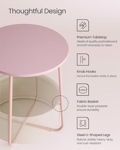 VASAGLE Nightstands, Set of 2 Small Round Side Tables with Fabric Basket, Bedside End Tables, for Bedroom, Jelly Pink and Cream White ULCT668R01 - color: Jelly Pink + Cream White