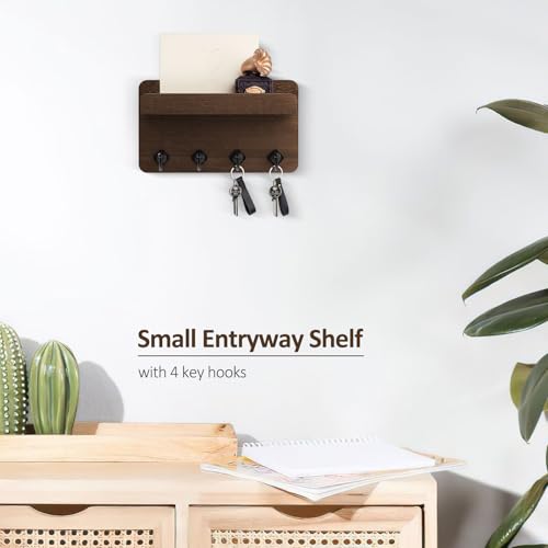 Nekon Key Holder Wall Mount, 8.5 Inch Small Home Decor Wooden Wall Organizer with 4 Hooks and Shelf, Key and Mail Holder for Living Room Entryway Kitchen (Brown) - color: Brown