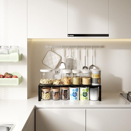 Expandable,Adjustable & Stackable Spice Rack, Cabinet Kitchen Countertop Shelf Organizer,Metal Pantry Storage Shelves - Space-Saving Storage Solution(1Pack/Black/Medium) - color: Black, size: 1PACK/BLACK/MEDIUM