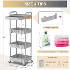 Goovilla 4 Tier Rolling Utility Cart Organizer with Removable Drawer, Stable and Sturdy Grey Rolling Storage Carts with 2 Lockable Wheels for Bathroom, Kitchen, Snack, Craft, Makeup, Baby Essentials - size: 4 Tier, style: Gray