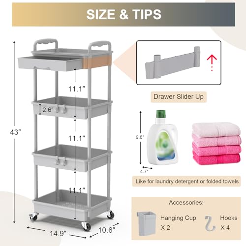 Goovilla 4 Tier Rolling Utility Cart Organizer with Removable Drawer, Stable and Sturdy Grey Rolling Storage Carts with 2 Lockable Wheels for Bathroom, Kitchen, Snack, Craft, Makeup, Baby Essentials - size: 4 Tier, style: Gray