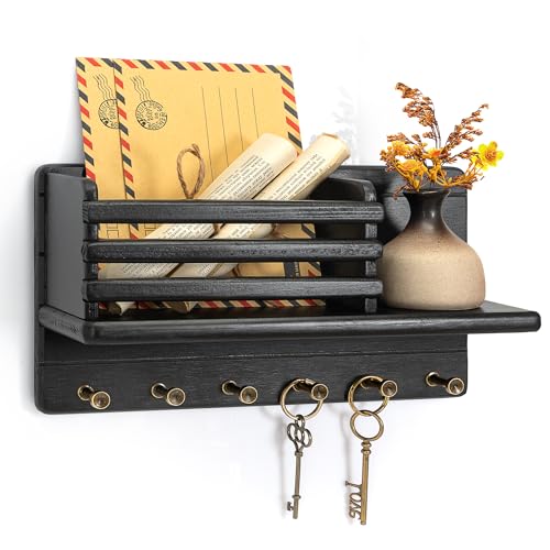 Rebee Vision Pine Wood Key Holder Wall Mount - Farmhouse Key Holder for Wall with Floating Shelf & 6 Hooks - Mail Organizer for Home Improvement, Apartment Essentials (Black) - color: Black