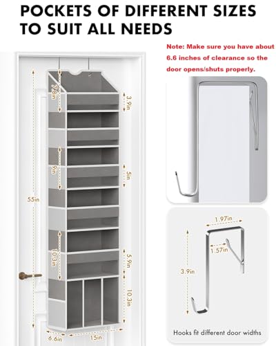 Over the Door Hanging Organizer for Bathroom & Nursery - 6 Shelf Closet Door Organizer, Anti Tilt 50LB Load Baby Behind Door Storage with 6 Large Clear Front & 12 Mesh Pockets, Small Space Essentials - color: Grey