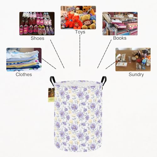 Collapsible Fabric Storage Basket, Waterproof Laundry Hamper with Handles, Round Storage Bin for Clothes Toys, Foldable Organizer for Bedroom Nursery Bathroom(Round-Purple Flowers) - color: Round-Purple Flowers