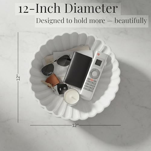 White | Fruit Bowl | Large Decorative Concrete Bowl Design for Modern Home Decor | 12 Inch Key Bowl and Entryway Organizer | Fruit Basket for Kitchen Counter | Frutero Moderno para Cocina
