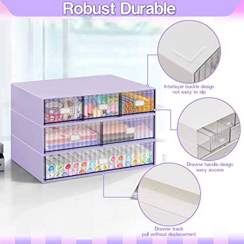 3 Tier Stackable Desk Organizer with 6 Drawers, Plastic Desktop Storage Box Drawers, Detachable Makeup Storage Office Stationery Supplies Organizer for Office School(Purple) - color: Purple