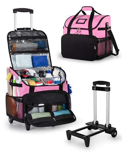 Marscamd Large Rolling Cleaning Caddy Bag with Detachable Trolley, Cleaning Supplies Organizer with Wheels for Housekeepers, Pink - color: Pink
