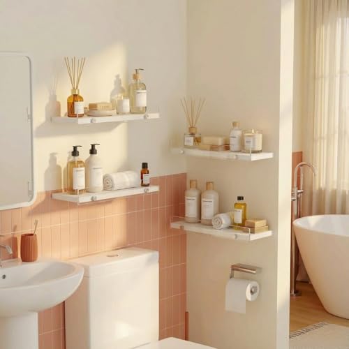 Over the Toilet Shelves - Wall Mounted Floating Shelves with Clear Acrylic Lip, 15.7" Rustic Farmhouse Bathroom Storage Shelves, 3 Pack White