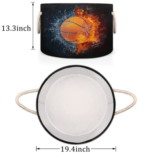 Pardick Large Round Storage Basket Art Basketball Ball Collapsible Circle Storage Bin Laundry Hamper With Handle for Kids Toy Blanket Dirty Clothes Towel Living Room Nursery Storage Organizer - color: B:Fire Basketball