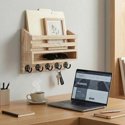 Wall Key Rack - Mail Organizer with 5 Key Hooks, Paulownia Wood, 11.8x7.1 Inches, Apartment Wall Decor, Installation Accessories Included (Light Burn Color) - color: Light burn color