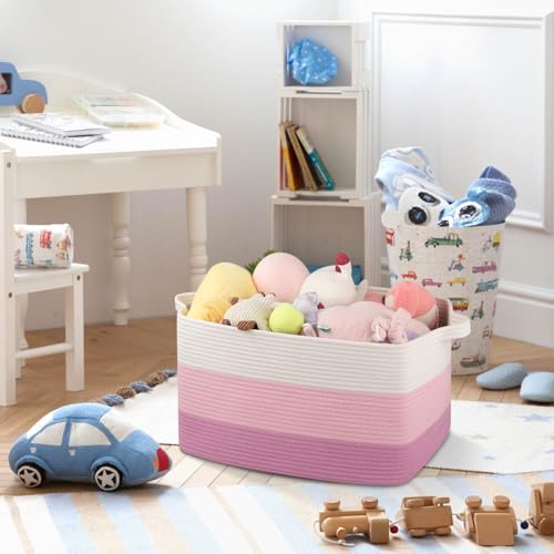 OIAHOMY Large Blanket Basket, 65L Cotton Rope Woven Laundry Basket, Toy Bin for Baby Room, Container for Blanket Storage in Living Room, 20''×16''×12'', Gradient Pink - color: Gradient Pink, size: 65L
