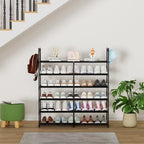 2-Row 6-Tier Stackable Shoe Rack, Black Metal Shoe Shelf with Multifunctional Hooks, Hold 24-30 Pairs, Space Saving Shoes Organizer for Closet,Show Rack - size: 2 Row 6 Tier