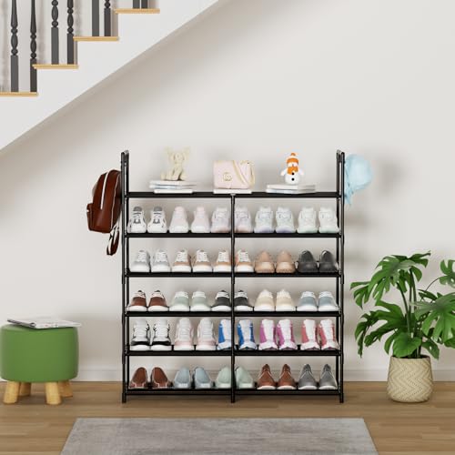 2-Row 6-Tier Stackable Shoe Rack, Black Metal Shoe Shelf with Multifunctional Hooks, Hold 24-30 Pairs, Space Saving Shoes Organizer for Closet,Show Rack - size: 2 Row 6 Tier
