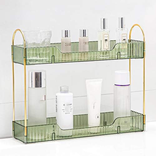 Bathroom Countertop Organizer, 2-Tier Slim Vanity Storage Rack for Bathroom Sink, Narrow Counter Organizer for Toiletries Skincare Perfume with Green Plastic Trays - color: Green