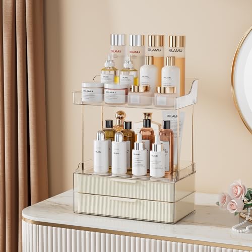 Delamu Bathroom Organizers and Storage, 2 Tier 2 Drawer Makeup Organizer Countertop, Easy to Install, Ideal for Bathroom Counter, Vanity, Ideal for Women Girls, Cream White - color: Cream White, size: 2Drawers 1 Pack