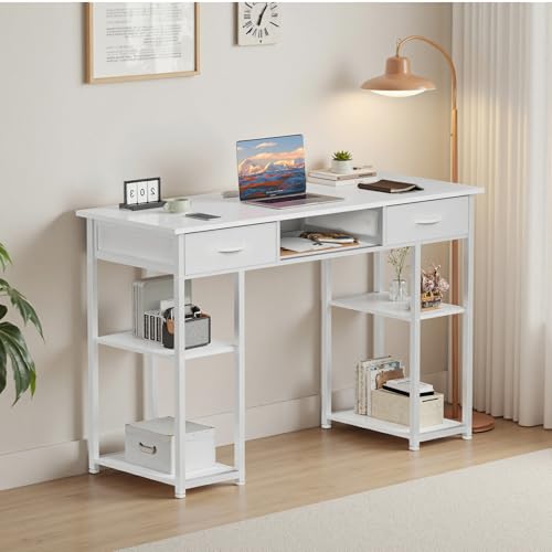 DUMOS 48" Small Computer Home Office Desk for Bedroom with Drawers, Gaming Writing Study Table with Storage Shelf, Adjustable Feet, Metal Frame Natural White - color: Natural White, size: 48-In