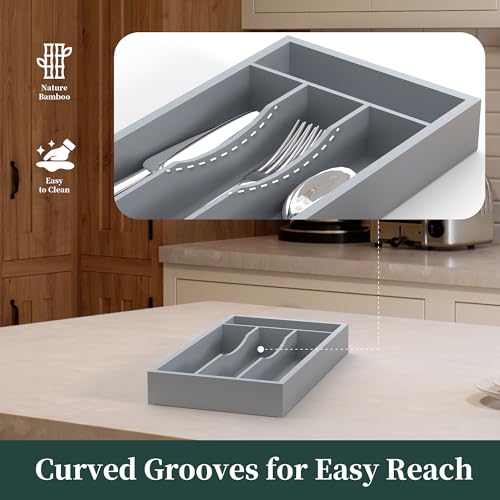 Silverware Organizer, Bamboo Kitchen Drawer Organizer, Utensil Holder, Cutlery Tray & Spoon Flatware Storage with Grooved Drawer Dividers (Grey, 6.7''W x 12''D) - color: Grey, size: 6.7''W x 12''D