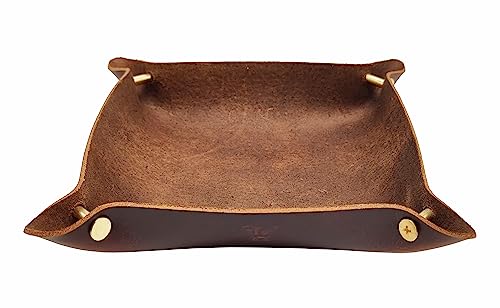 Leather Valet Tray Entryway Catchcall Tray Nightstand Organizer Storage for Wallets Watches Keys Holder Dish Bowl Coins Office Desk Accessory (Antique Brown-Oil Wax Leather). - color: Antique Brown-oil Wax Leather