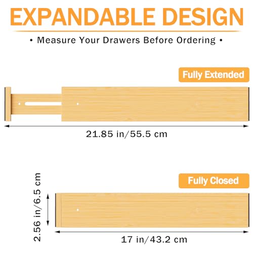 BAMBUROBA Bamboo Drawer Dividers, Adjustable Kitchen Drawer Organizer for Clothes,17-22" Expandable Drawer Organization Separators for Bedroom,Bathroom,Dresser and Office,6-Pack - style: bamboo-6Pack