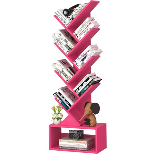 SHEEPAM 9 Tier Tree Bookshelf,Christmas Green Bookcase for Narrow Space, Storage Organizer Floor Standing Bookshelves for Books, Tall Book Case for Home Office, Living Room, Bedroom - color: Pink, size: 9 Tier